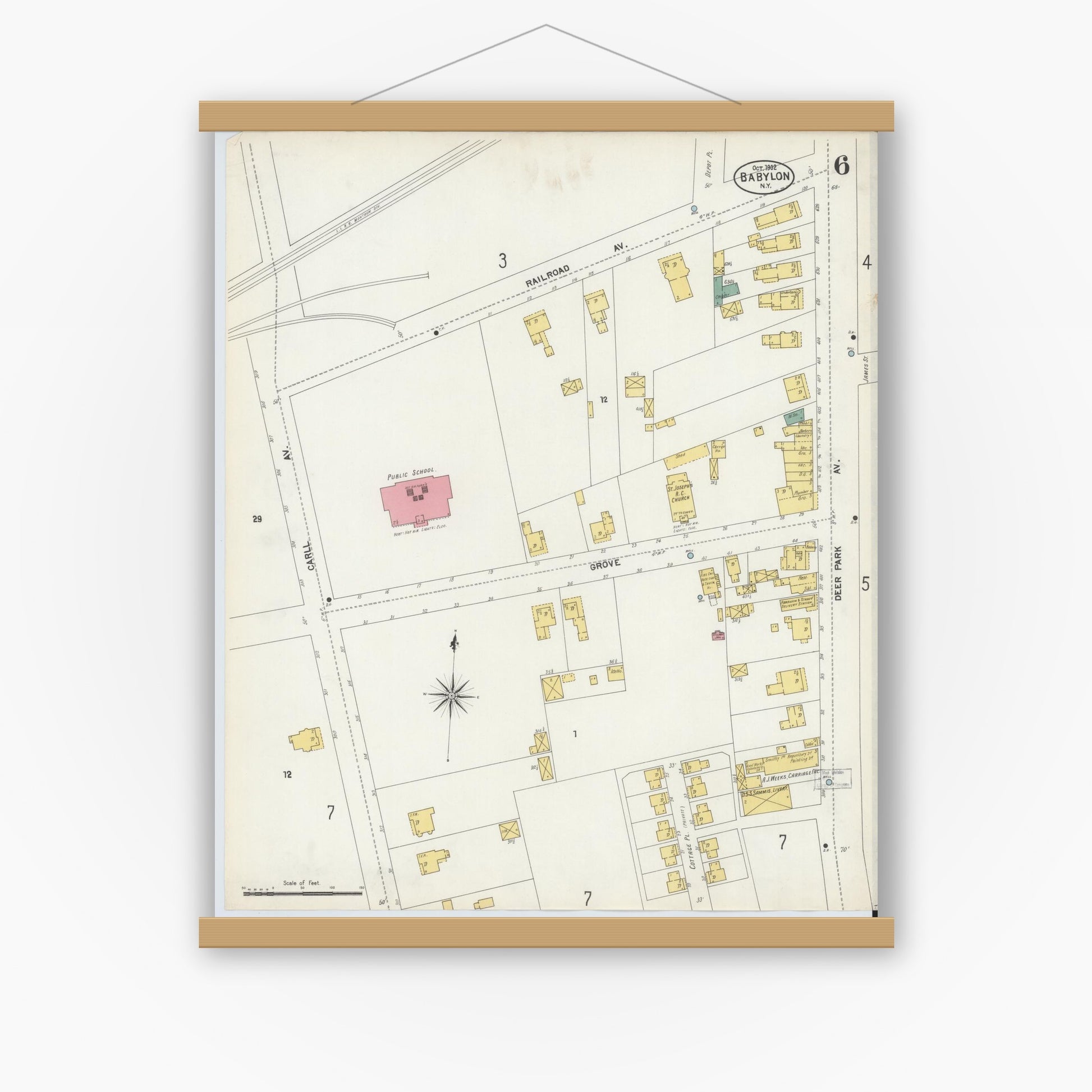 Old map wall art mockup — magnetic wood frame on white wall — Sanborn Fire Insurance Map from Babylon, Suffolk County, New York (1902), Sheet #0006