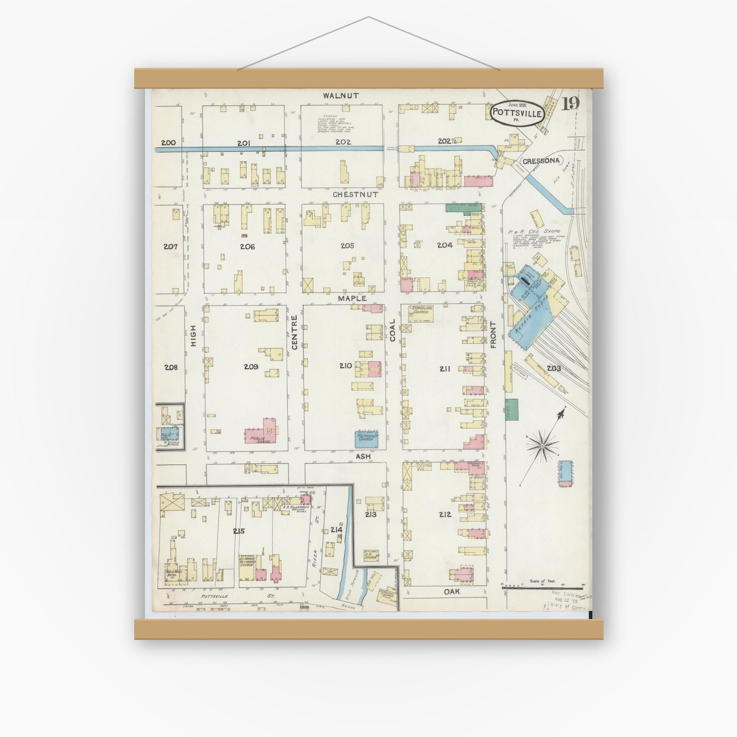 Old map wall art mockup — magnetic wood frame on white wall — Sanborn Fire Insurance Map from Pottsville, Schuylkill County, Pennsylvania (1891), Sheet #0019
