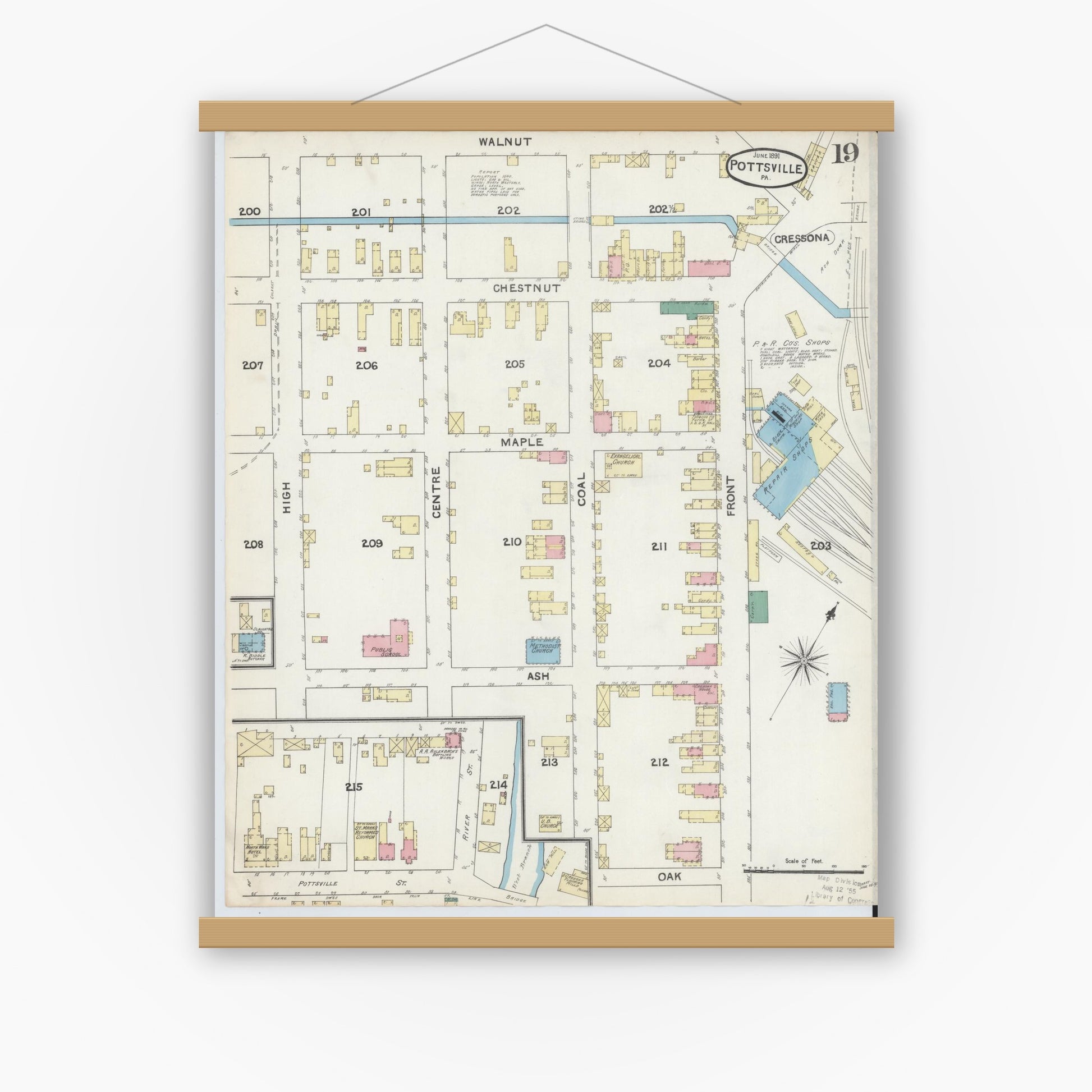Old map wall art mockup — magnetic wood frame on white wall — Sanborn Fire Insurance Map from Pottsville, Schuylkill County, Pennsylvania (1891), Sheet #0019