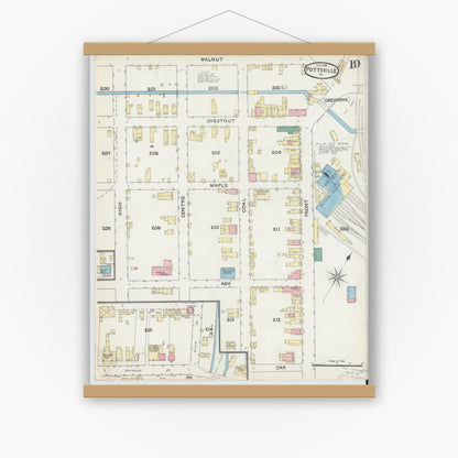 Old map wall art mockup — magnetic wood frame on white wall — Sanborn Fire Insurance Map from Pottsville, Schuylkill County, Pennsylvania (1891), Sheet #0019
