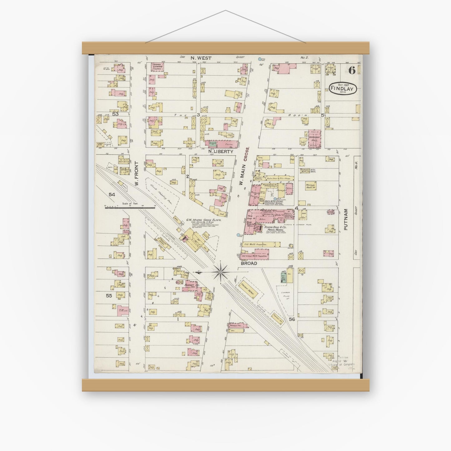 Old map wall art mockup — magnetic wood frame on white wall — Sanborn Fire Insurance Map from Findlay, Hancock County, Ohio (1887), Sheet #0006