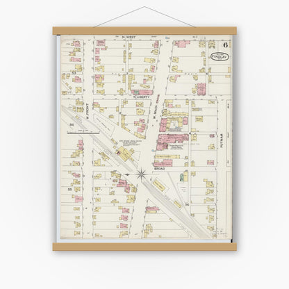 Old map wall art mockup — magnetic wood frame on white wall — Sanborn Fire Insurance Map from Findlay, Hancock County, Ohio (1887), Sheet #0006
