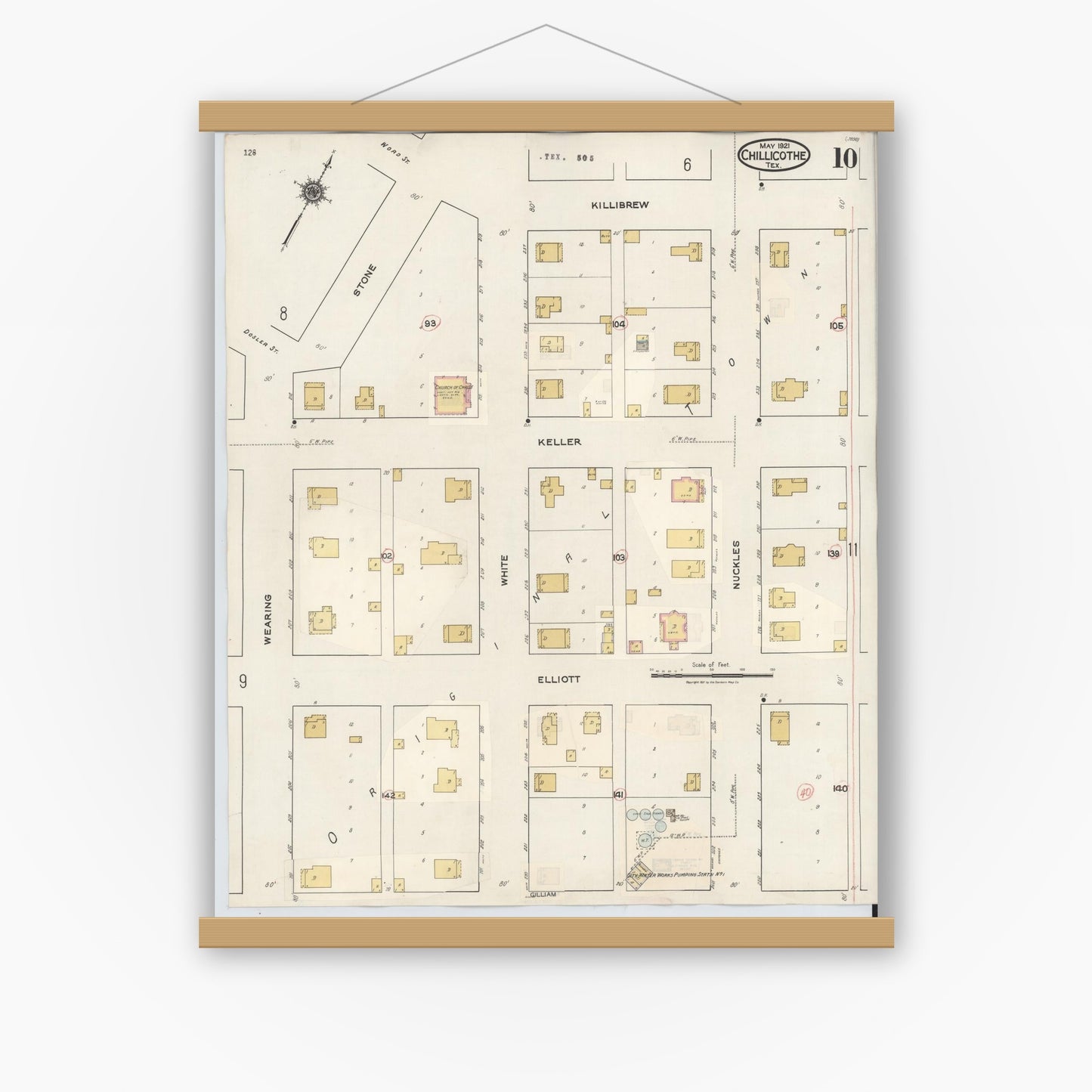 Old map wall art mockup — magnetic wood frame on white wall — Sanborn Fire Insurance Map from Chillicothe, Hardeman County, Texas (1941), Sheet #0010