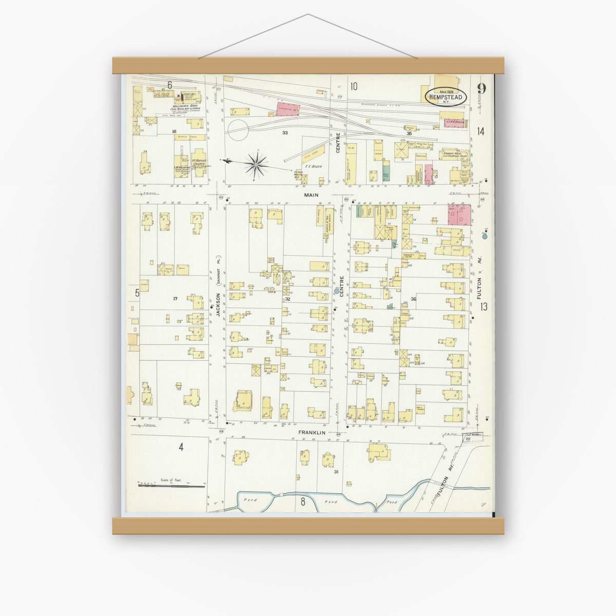 Old map wall art mockup — magnetic wood frame on white wall — Sanborn Fire Insurance Map from Hempstead, Nassau County, New York (1909), Sheet #0009