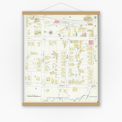 Old map wall art mockup — magnetic wood frame on white wall — Sanborn Fire Insurance Map from Hempstead, Nassau County, New York (1909), Sheet #0009