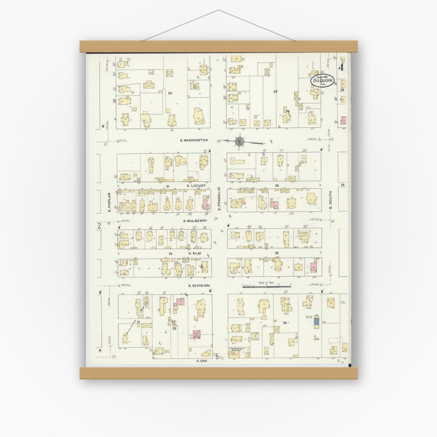 Old map wall art mockup — magnetic wood frame on white wall — Sanborn Fire Insurance Map from Du Quoin, Perry County, Illinois (1910), Sheet #0004
