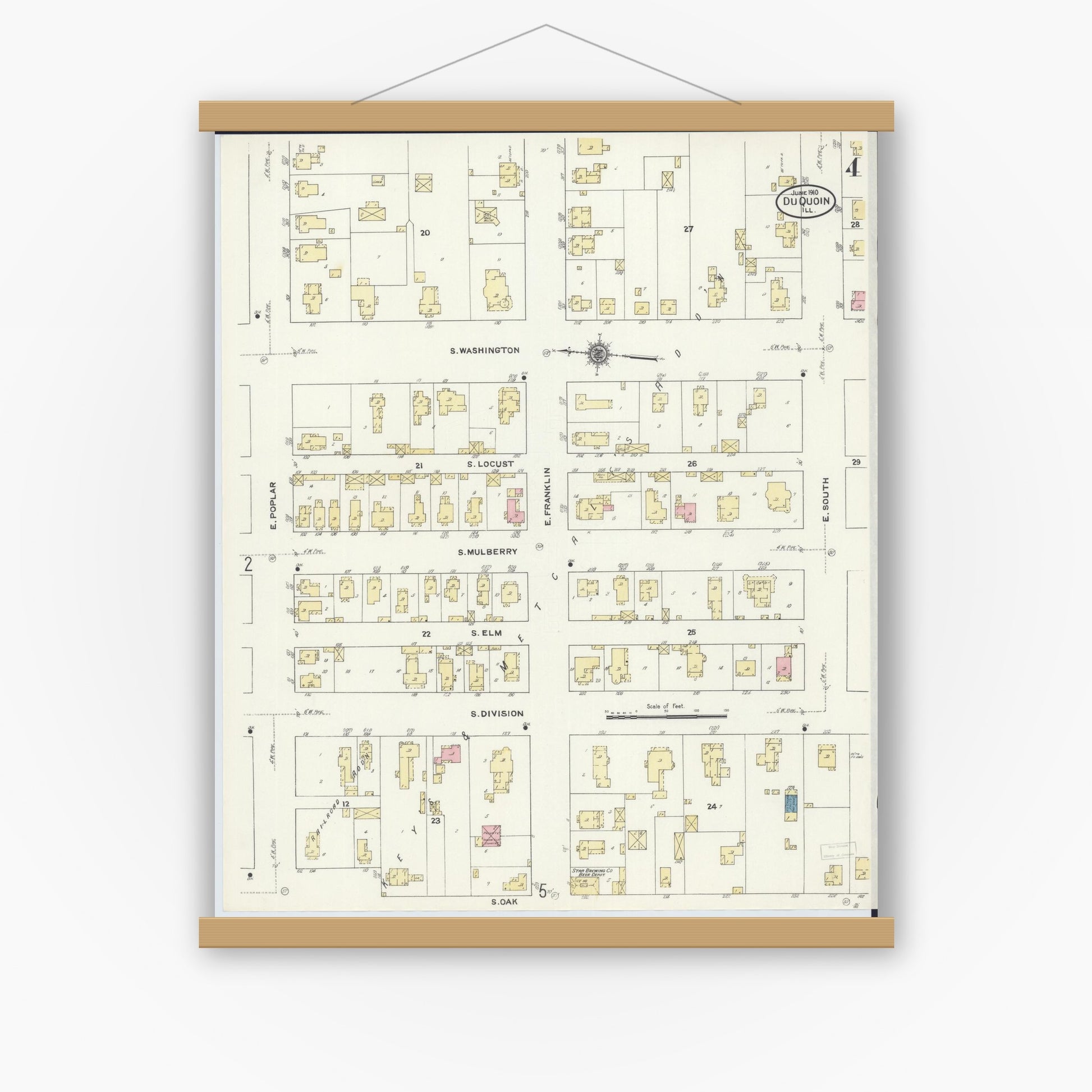 Old map wall art mockup — magnetic wood frame on white wall — Sanborn Fire Insurance Map from Du Quoin, Perry County, Illinois (1910), Sheet #0004