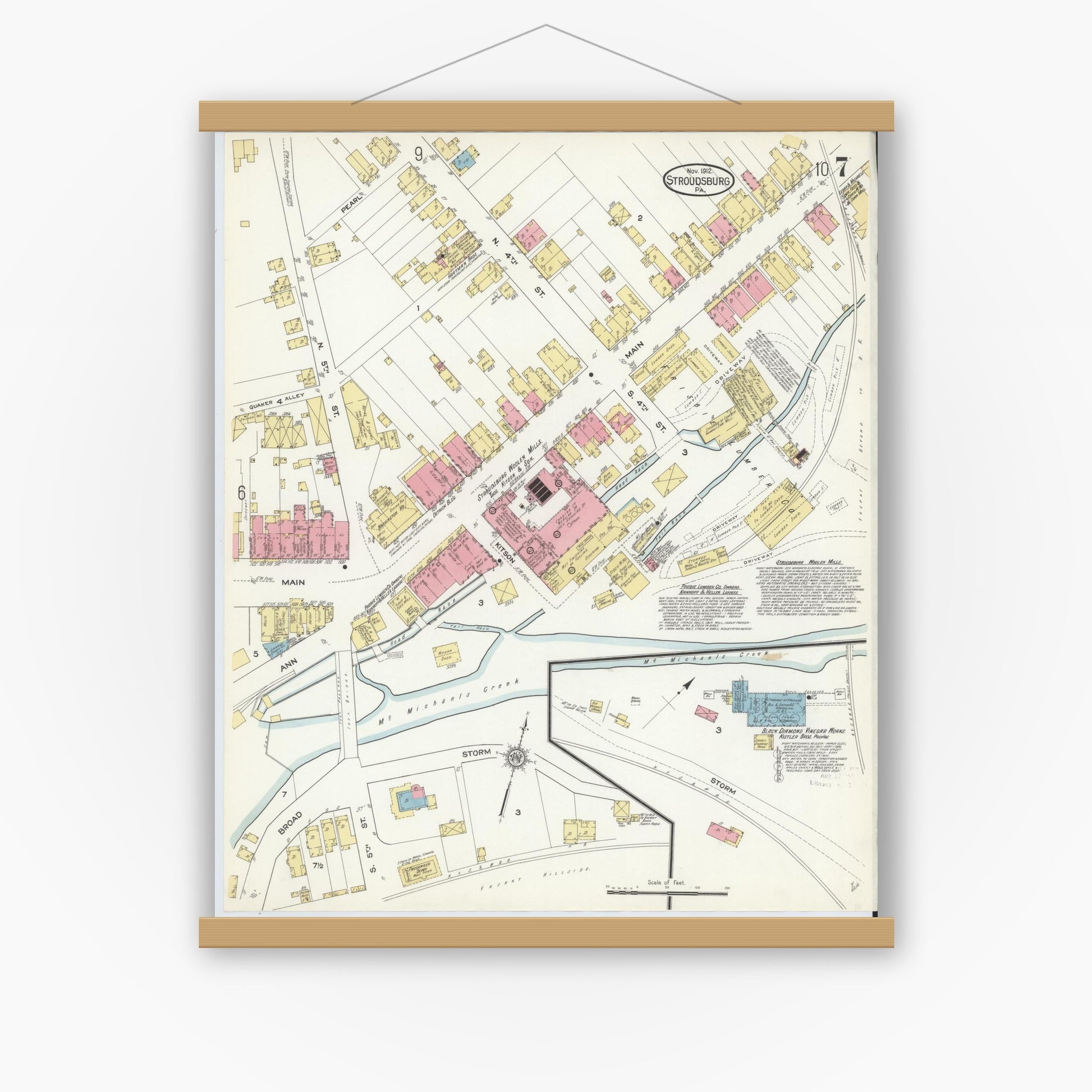 Old map wall art mockup — magnetic wood frame on white wall — Sanborn Fire Insurance Map from Stroudsburg, Monroe County, Pennsylvania (1912), Sheet #0007
