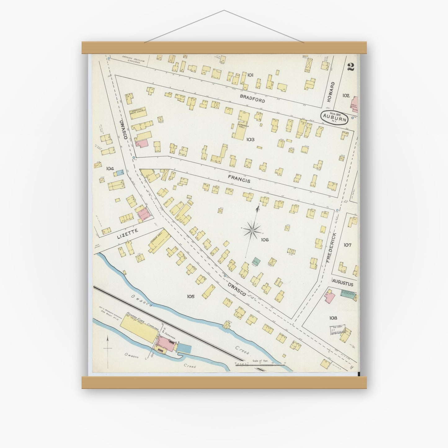 Old map wall art mockup — magnetic wood frame on white wall — Sanborn Fire Insurance Map from Auburn, Cayuga County, New York (1892) - Complete Map Set