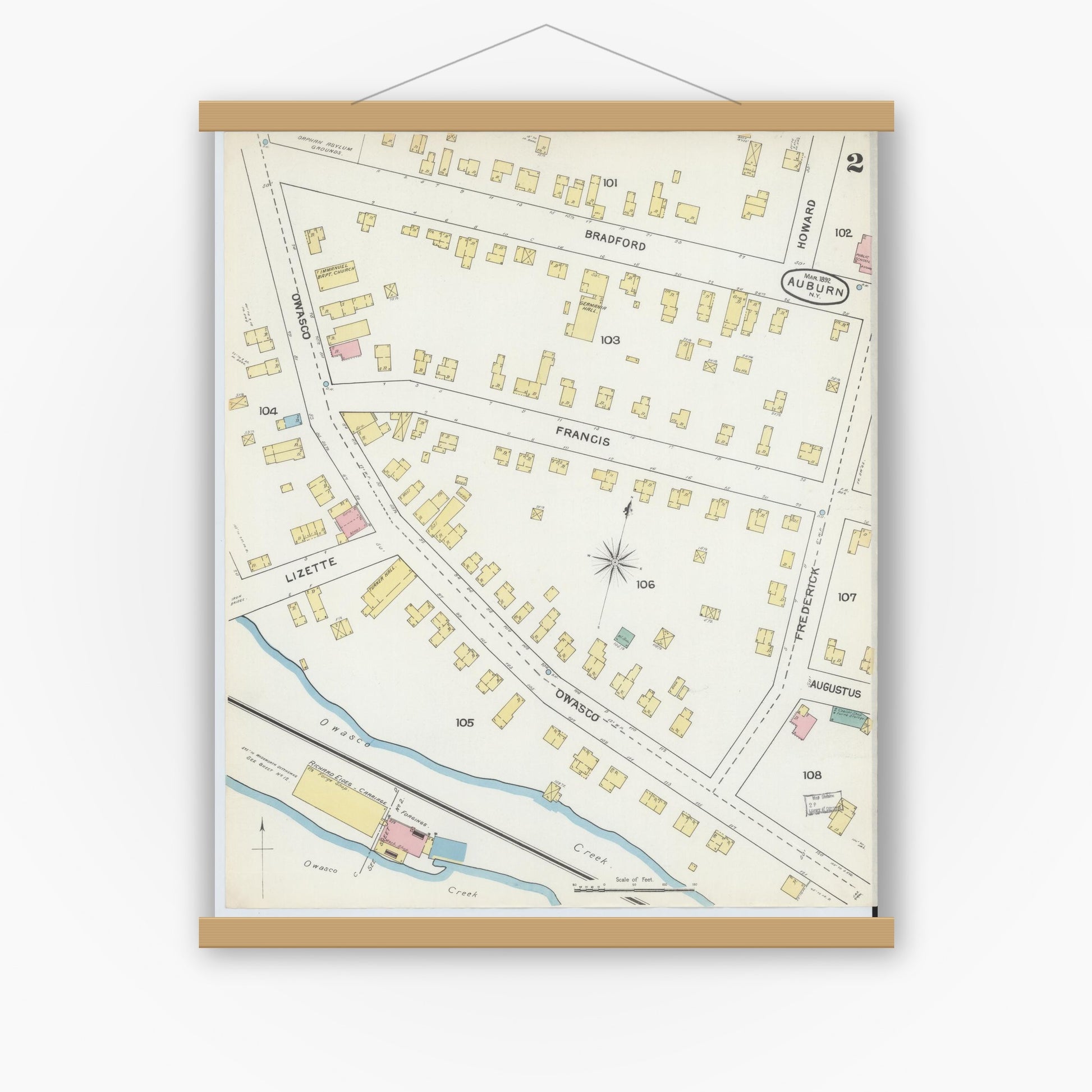 Old map wall art mockup — magnetic wood frame on white wall — Sanborn Fire Insurance Map from Auburn, Cayuga County, New York (1892) - Complete Map Set