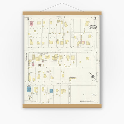 Old map wall art mockup — magnetic wood frame on white wall — Sanborn Fire Insurance Map from Kerrville, Kerr County, Texas (1924), Sheet #0003