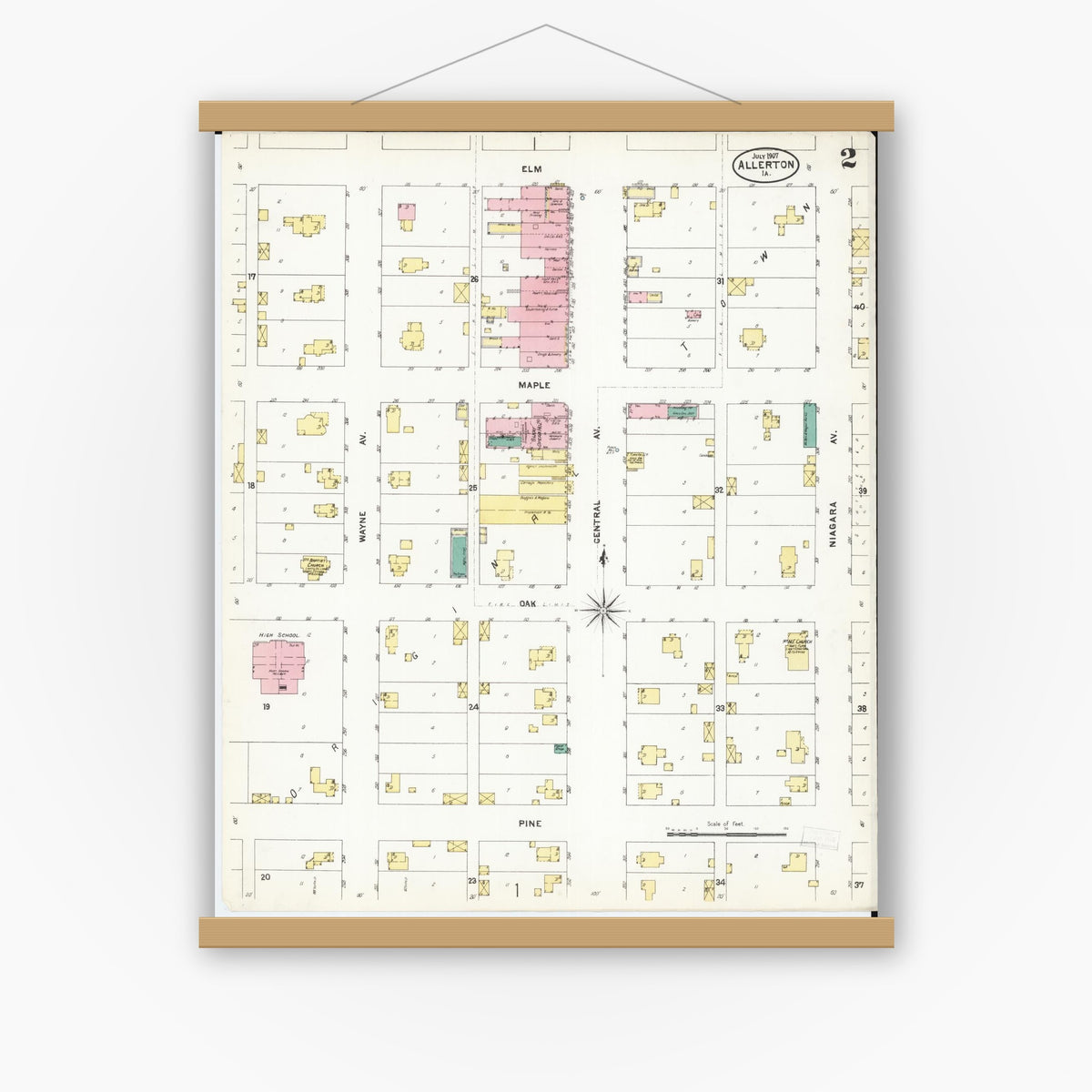 Old map wall art mockup — magnetic wood frame on white wall — Sanborn Fire Insurance Map from Allerton, Wayne County, Iowa (1907), Sheet #0002