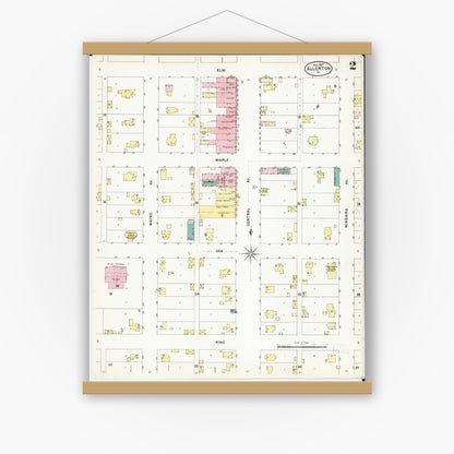 Old map wall art mockup — magnetic wood frame on white wall — Sanborn Fire Insurance Map from Allerton, Wayne County, Iowa (1907), Sheet #0002