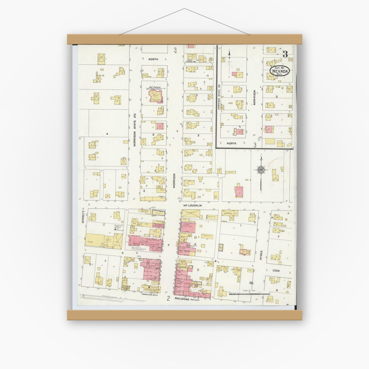 Old map wall art mockup — magnetic wood frame on white wall — Sanborn Fire Insurance Map from Nevada, Wyandot County, Ohio (1911), Sheet #0003