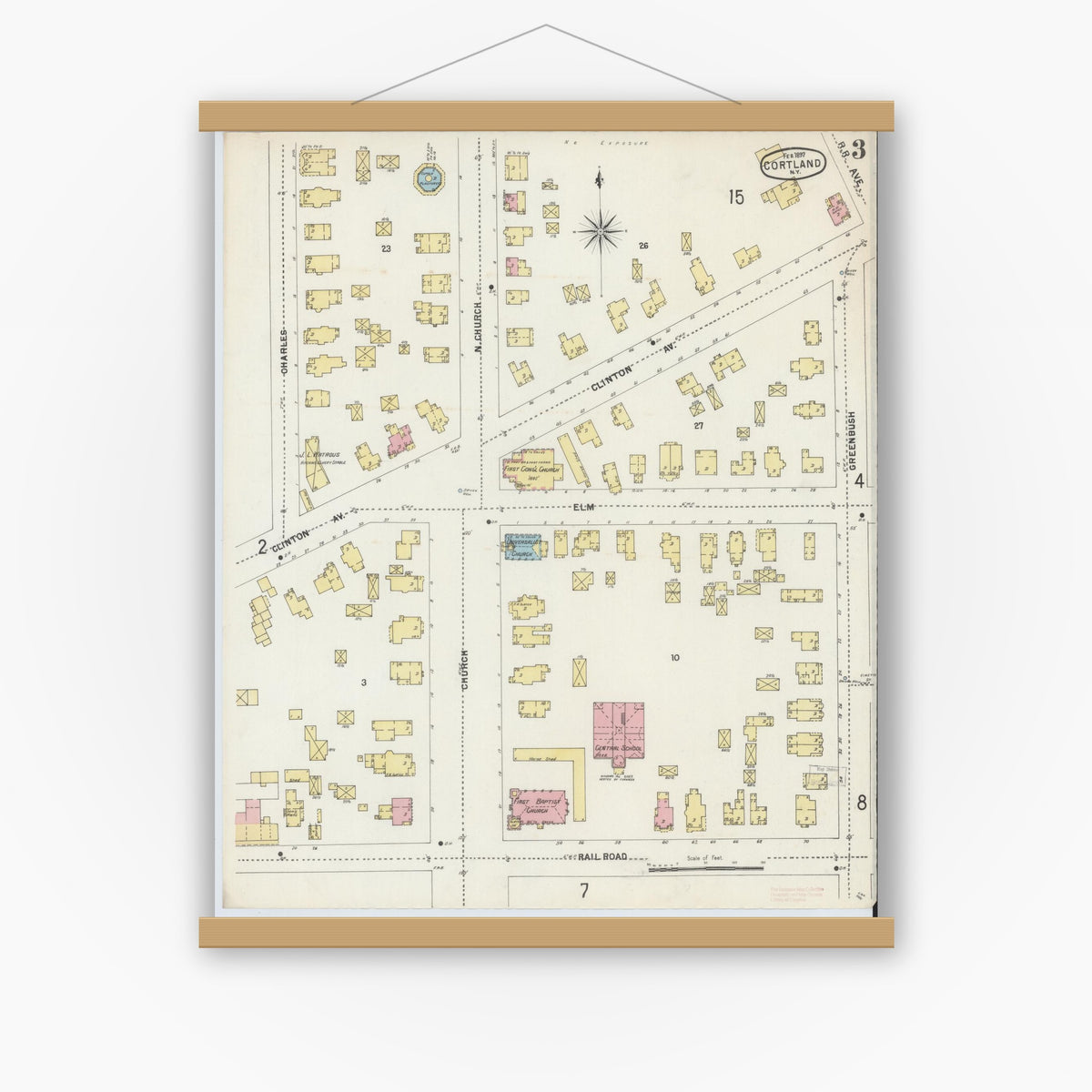 Old map wall art mockup — magnetic wood frame on white wall — Sanborn Fire Insurance Map from Cortland, Cortland County, New York (1897), Sheet #0003