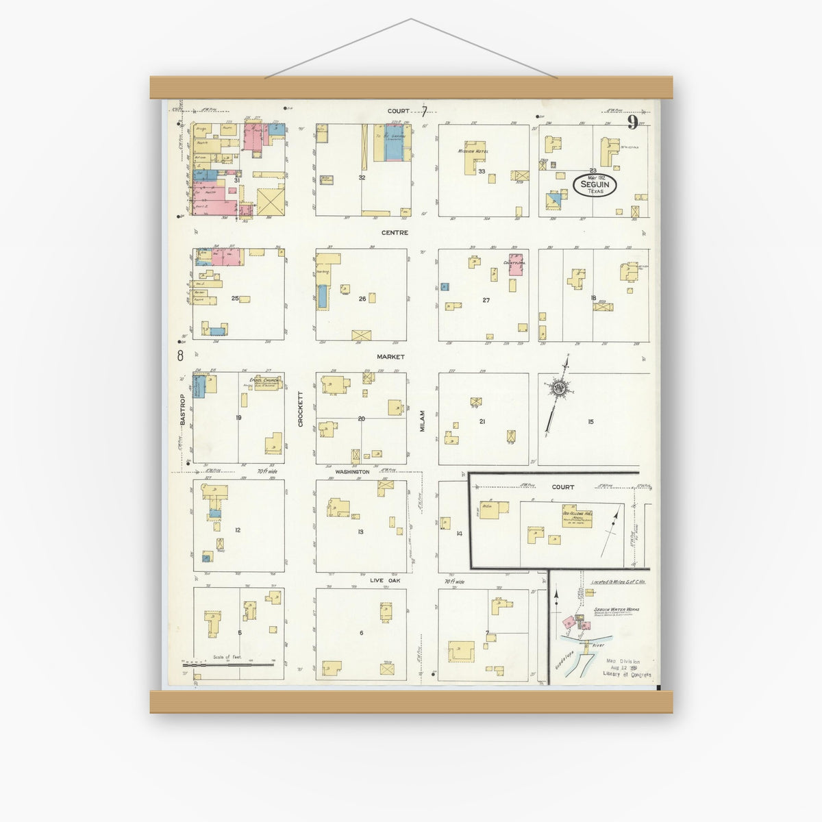 Old map wall art mockup — magnetic wood frame on white wall — Sanborn Fire Insurance Map from Seguin, Guadalupe County, Texas (1912), Sheet #0009