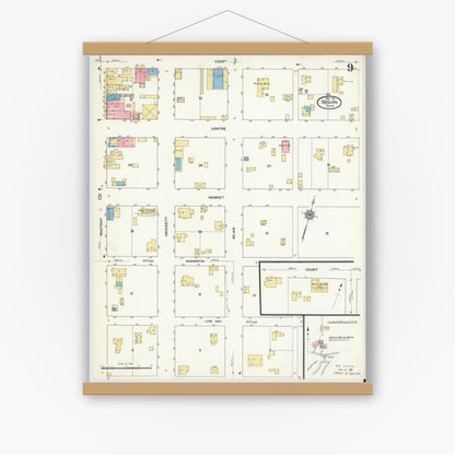 Old map wall art mockup — magnetic wood frame on white wall — Sanborn Fire Insurance Map from Seguin, Guadalupe County, Texas (1912), Sheet #0009