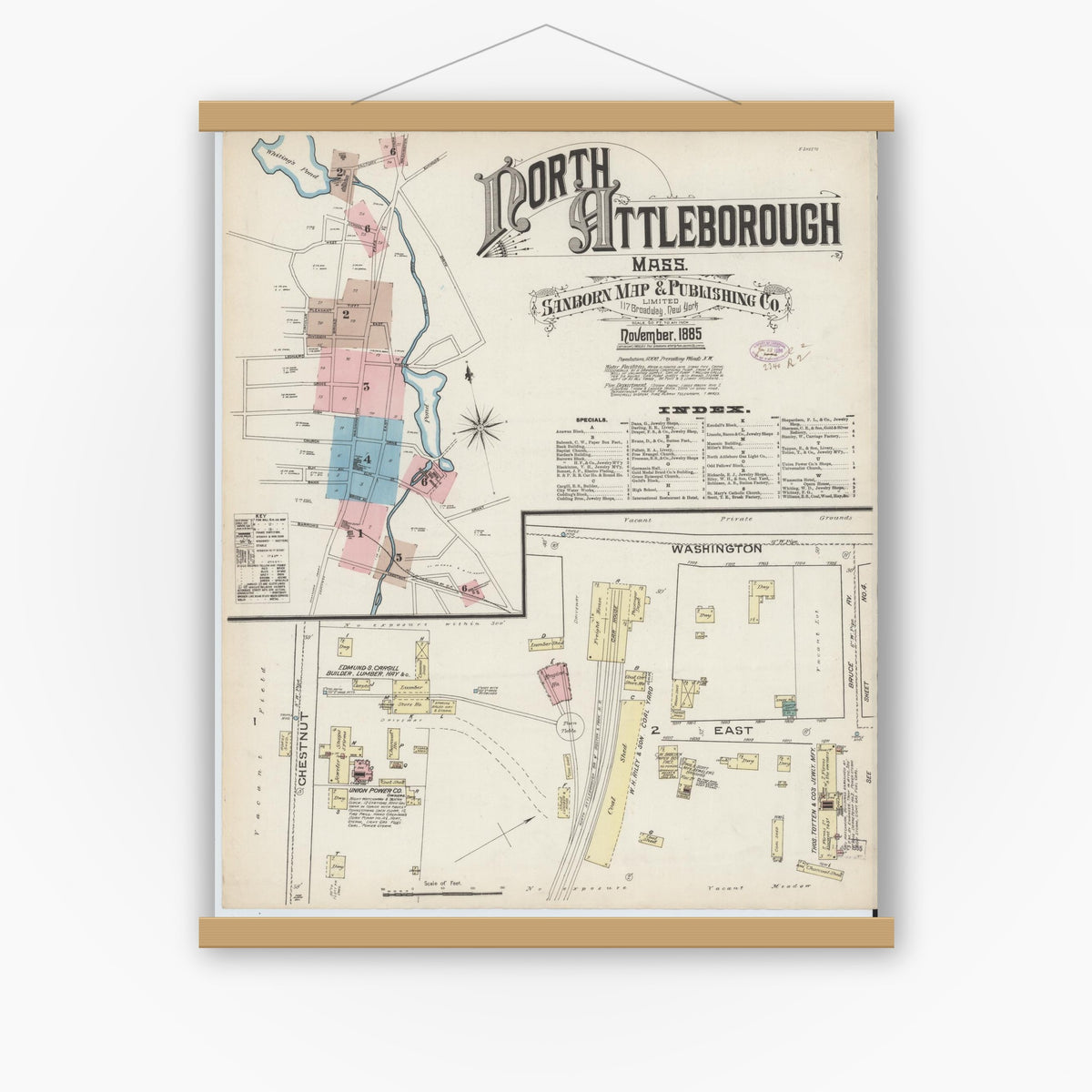 Old map wall art mockup — magnetic wood frame on white wall — Sanborn Fire Insurance Map from North Attleborough, Bristol County, Massachusetts (1885) - Complete Map Set
