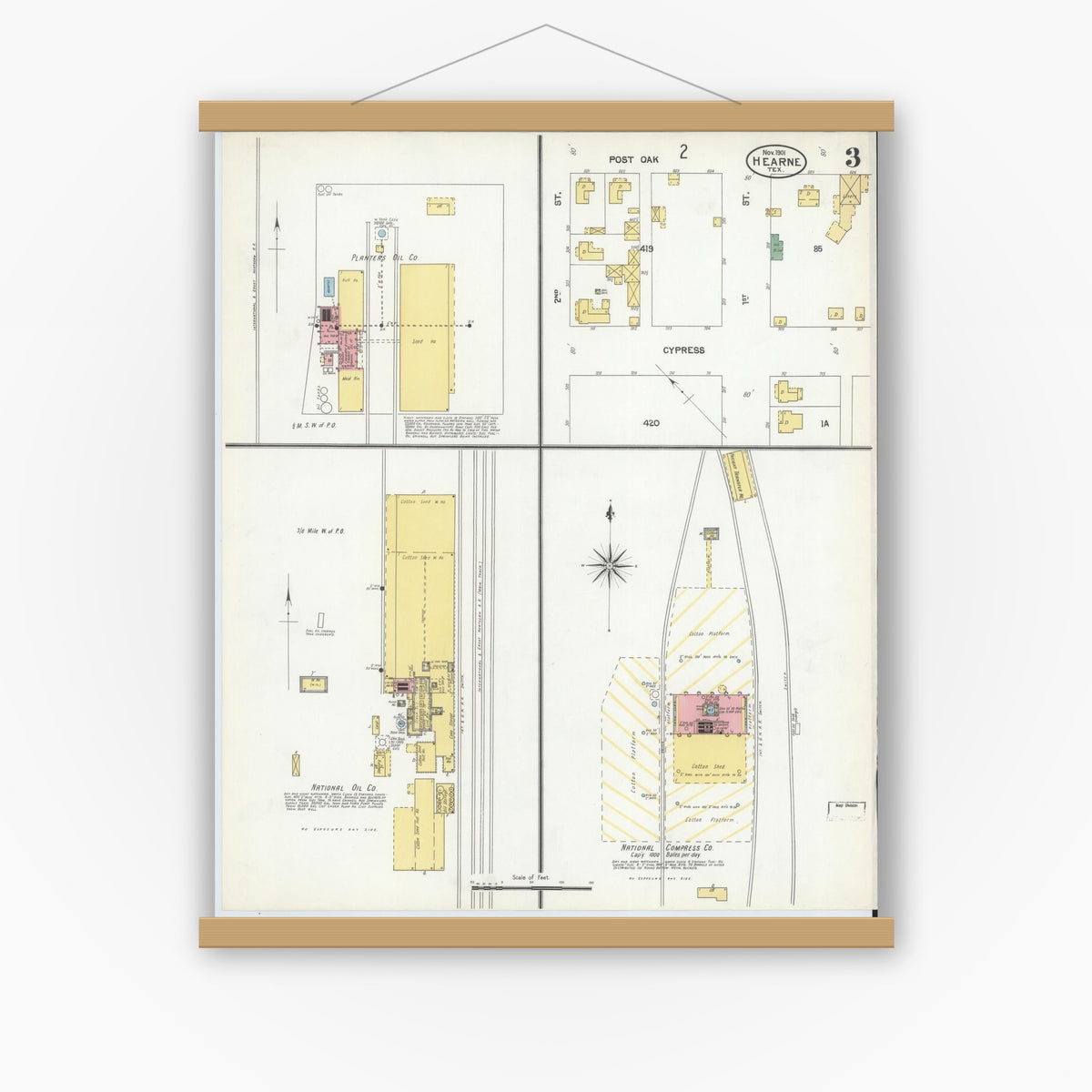 Old map wall art mockup — magnetic wood frame on white wall — Sanborn Fire Insurance Map from Hearne, Robertson County, Texas (1901), Sheet #0003