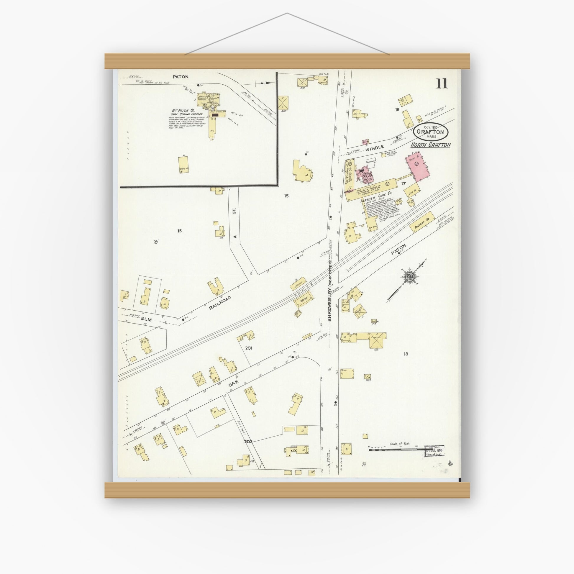 Old map wall art mockup — magnetic wood frame on white wall — Sanborn Fire Insurance Map from Grafton, Worcester County, Massachusetts (1910), Sheet #0011