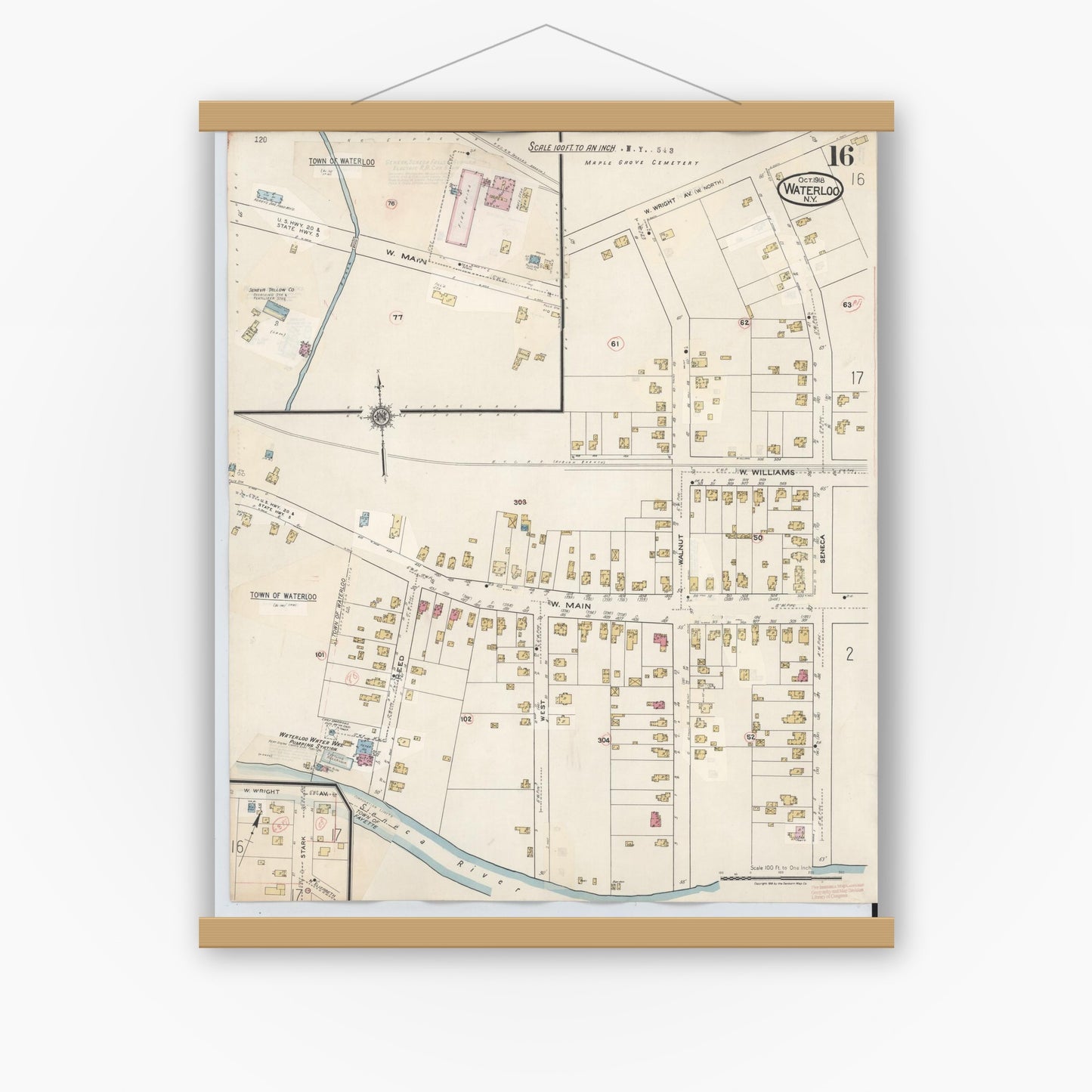 Old map wall art mockup — magnetic wood frame on white wall — Sanborn Fire Insurance Map from Waterloo, Seneca County, New York (1948), Sheet #0016