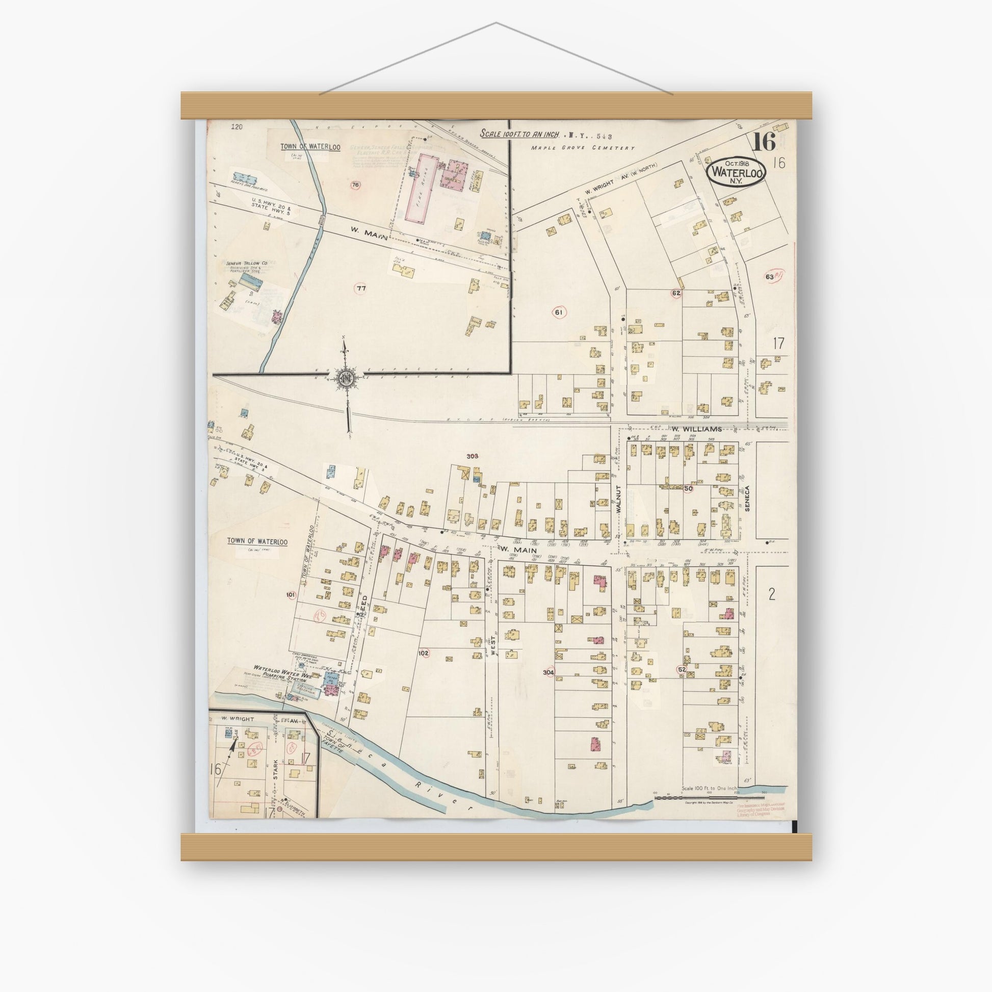 Old map wall art mockup — magnetic wood frame on white wall — Sanborn Fire Insurance Map from Waterloo, Seneca County, New York (1948), Sheet #0016