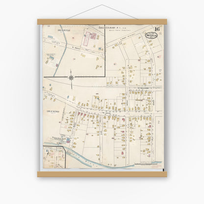 Old map wall art mockup — magnetic wood frame on white wall — Sanborn Fire Insurance Map from Waterloo, Seneca County, New York (1948), Sheet #0016