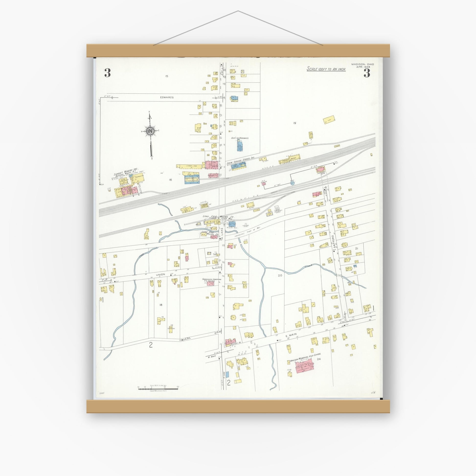 Old map wall art mockup — magnetic wood frame on white wall — Sanborn Fire Insurance Map from Madison, Lake County, Ohio (1938), Sheet #0003