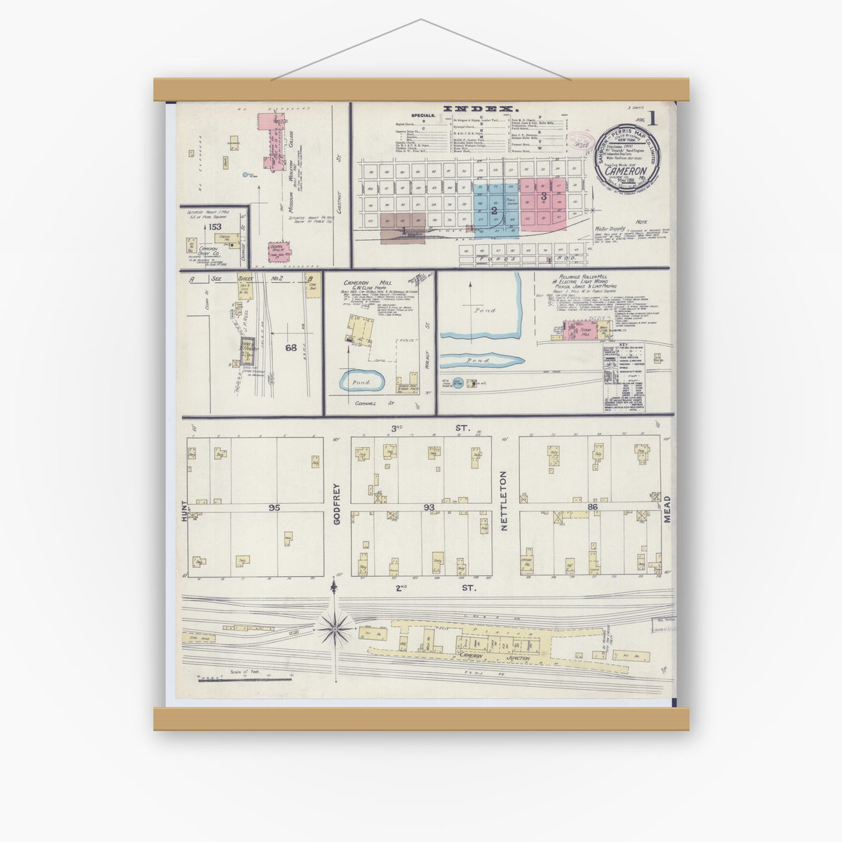 Old map wall art mockup — magnetic wood frame on white wall — Sanborn Fire Insurance Map from Cameron, Clinton County, Missouri (1891) - Complete Map Set
