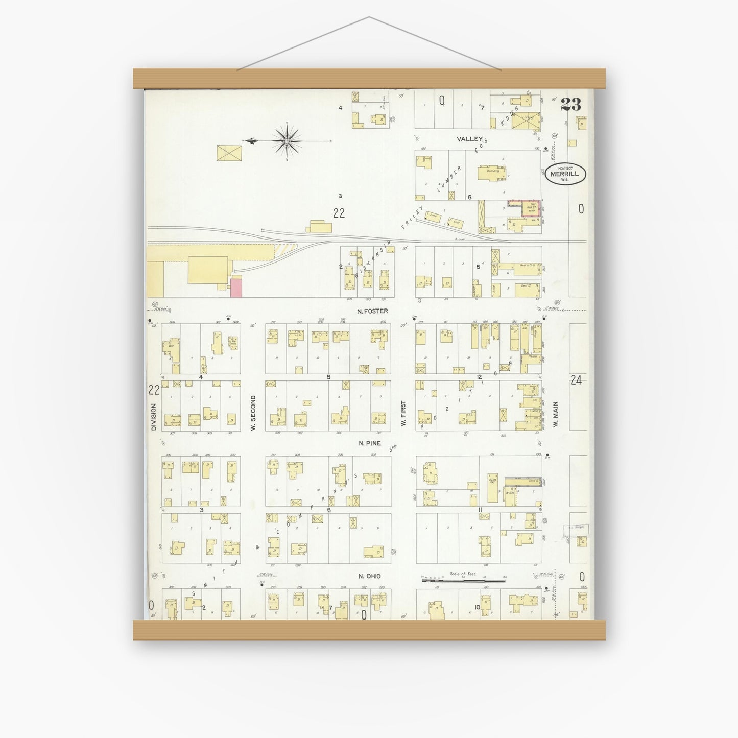 Old map wall art mockup — magnetic wood frame on white wall — Sanborn Fire Insurance Map from Merrill, Lincoln County, Wisconsin (1907), Sheet #0023