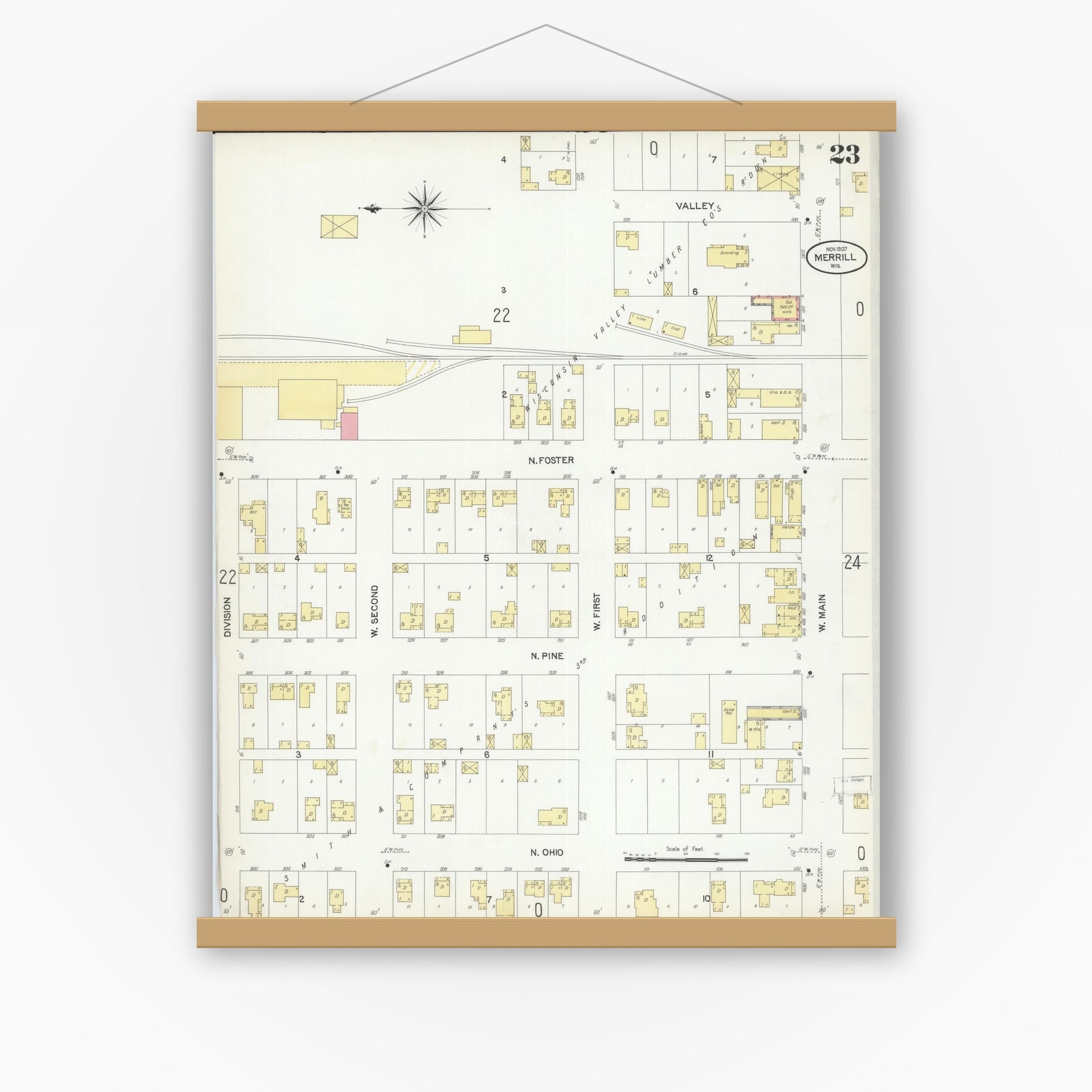 Old map wall art mockup — magnetic wood frame on white wall — Sanborn Fire Insurance Map from Merrill, Lincoln County, Wisconsin (1907), Sheet #0023