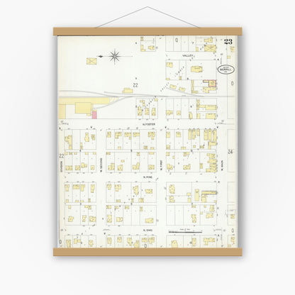 Old map wall art mockup — magnetic wood frame on white wall — Sanborn Fire Insurance Map from Merrill, Lincoln County, Wisconsin (1907), Sheet #0023