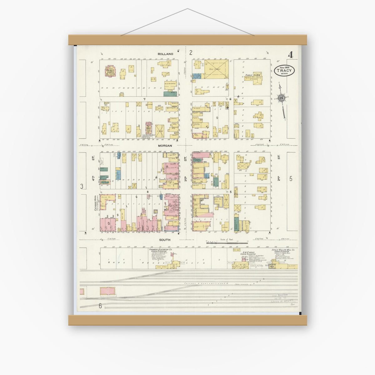 Old map wall art mockup — magnetic wood frame on white wall — Sanborn Fire Insurance Map from Tracy, Lyon County, Minnesota (1909), Sheet #0004