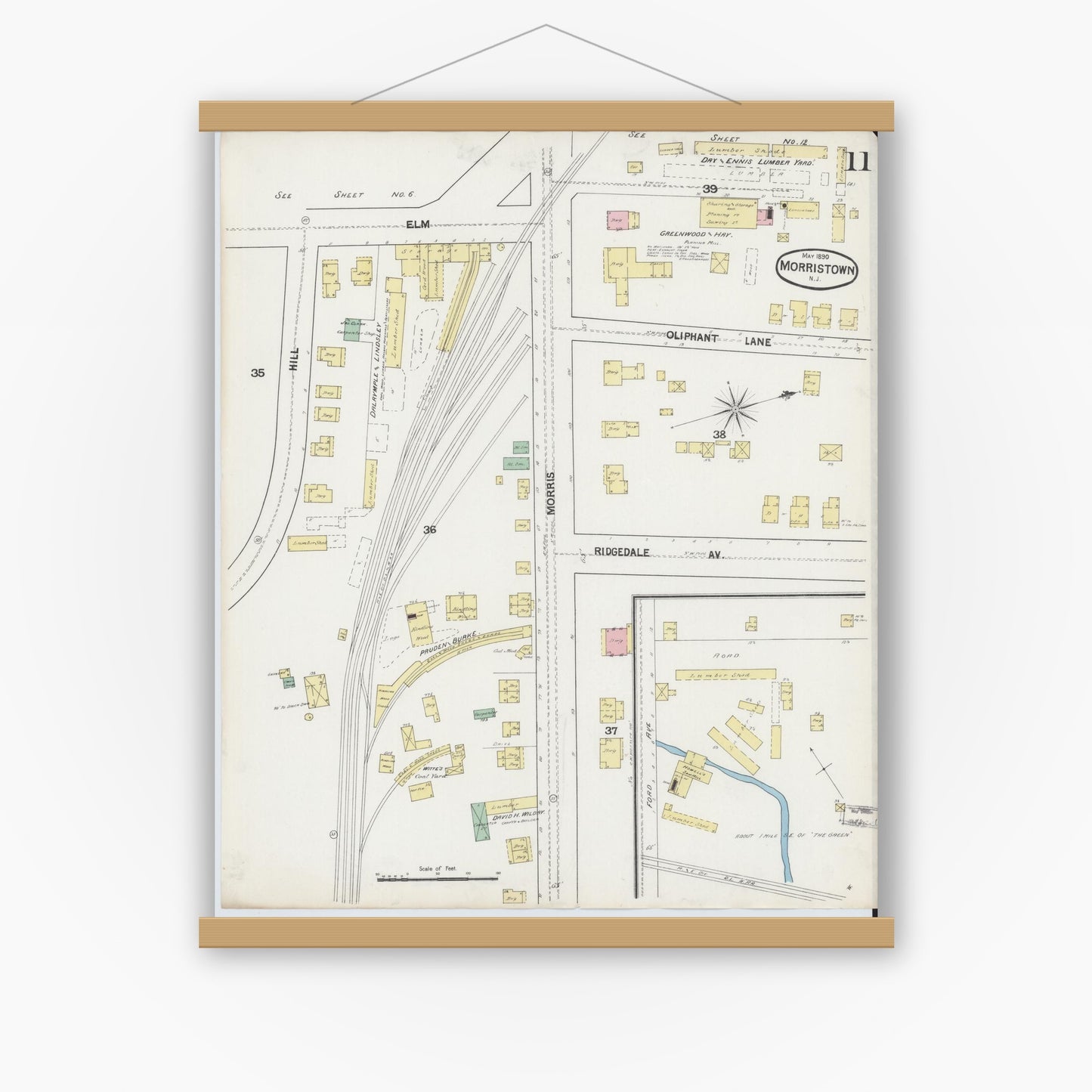 Old map wall art mockup — magnetic wood frame on white wall — Sanborn Fire Insurance Map from Morristown, Morris County, New Jersey (1890), Sheet #0011