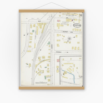 Old map wall art mockup — magnetic wood frame on white wall — Sanborn Fire Insurance Map from Morristown, Morris County, New Jersey (1890), Sheet #0011