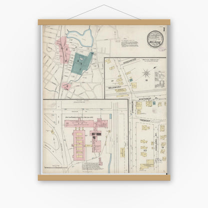 Old map wall art mockup — magnetic wood frame on white wall — Sanborn Fire Insurance Map from Melrose, Middlesex County, Massachusetts (1887) - Complete Map Set