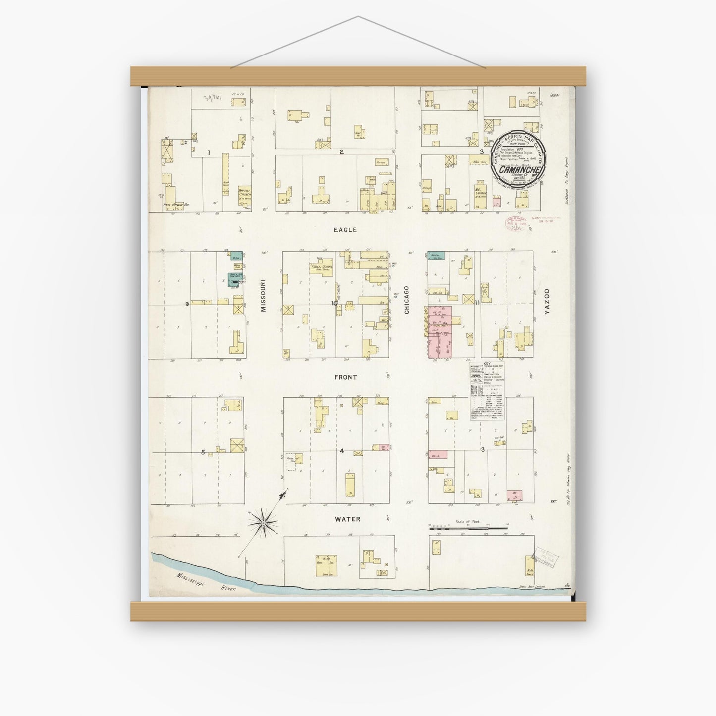 Old map wall art mockup — magnetic wood frame on white wall — Sanborn Fire Insurance Map from Camanche, Clinton County, Iowa (1895), Sheet #0001