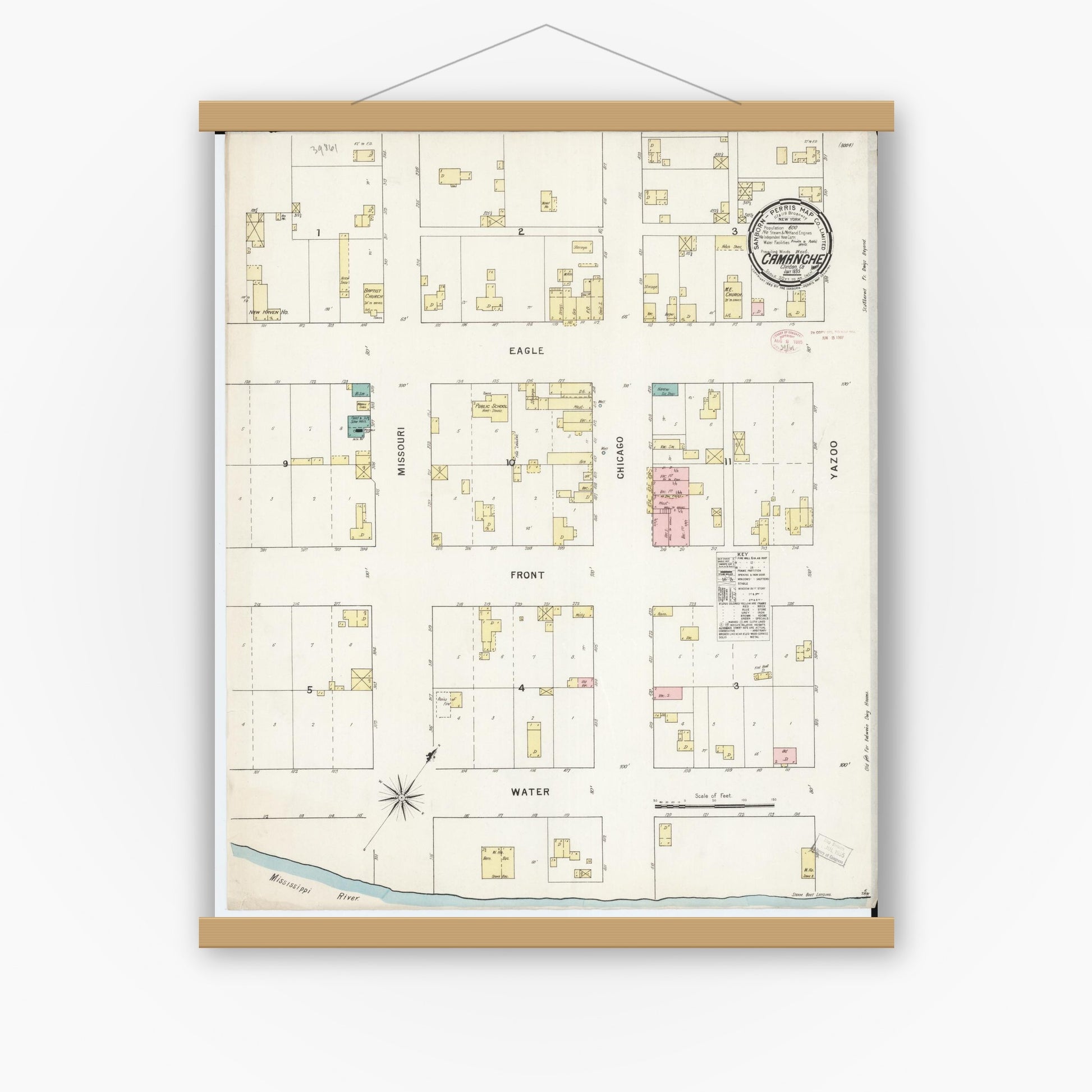 Old map wall art mockup — magnetic wood frame on white wall — Sanborn Fire Insurance Map from Camanche, Clinton County, Iowa (1895), Sheet #0001