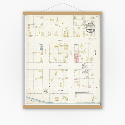 Old map wall art mockup — magnetic wood frame on white wall — Sanborn Fire Insurance Map from Camanche, Clinton County, Iowa (1895), Sheet #0001