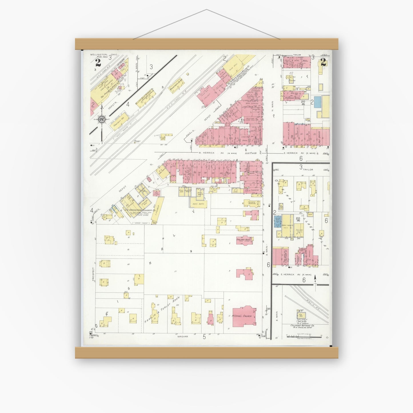Old map wall art mockup — magnetic wood frame on white wall — Sanborn Fire Insurance Map from Wellington, Lorain County, Ohio (1933), Sheet #0002