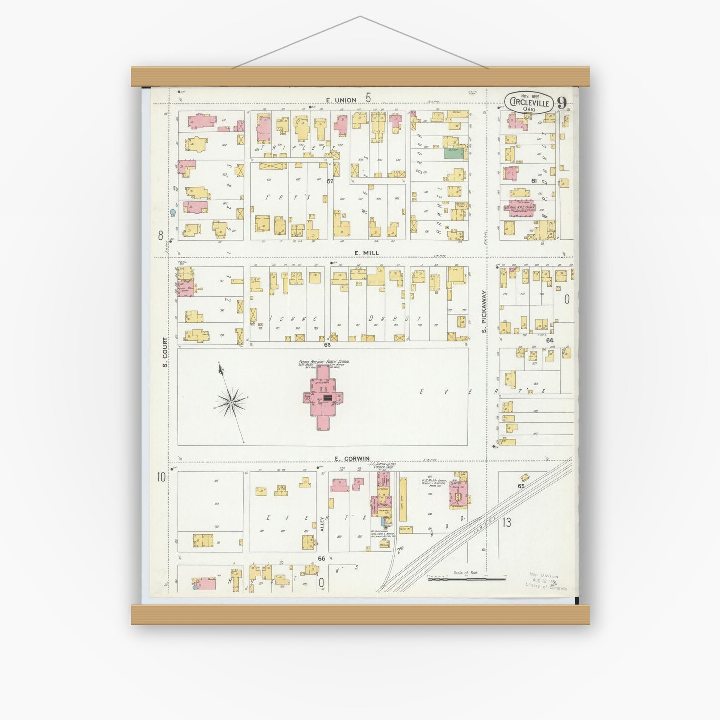 Old map wall art mockup — magnetic wood frame on white wall — Sanborn Fire Insurance Map from Circleville, Pickaway County, Ohio (1899), Sheet #0009