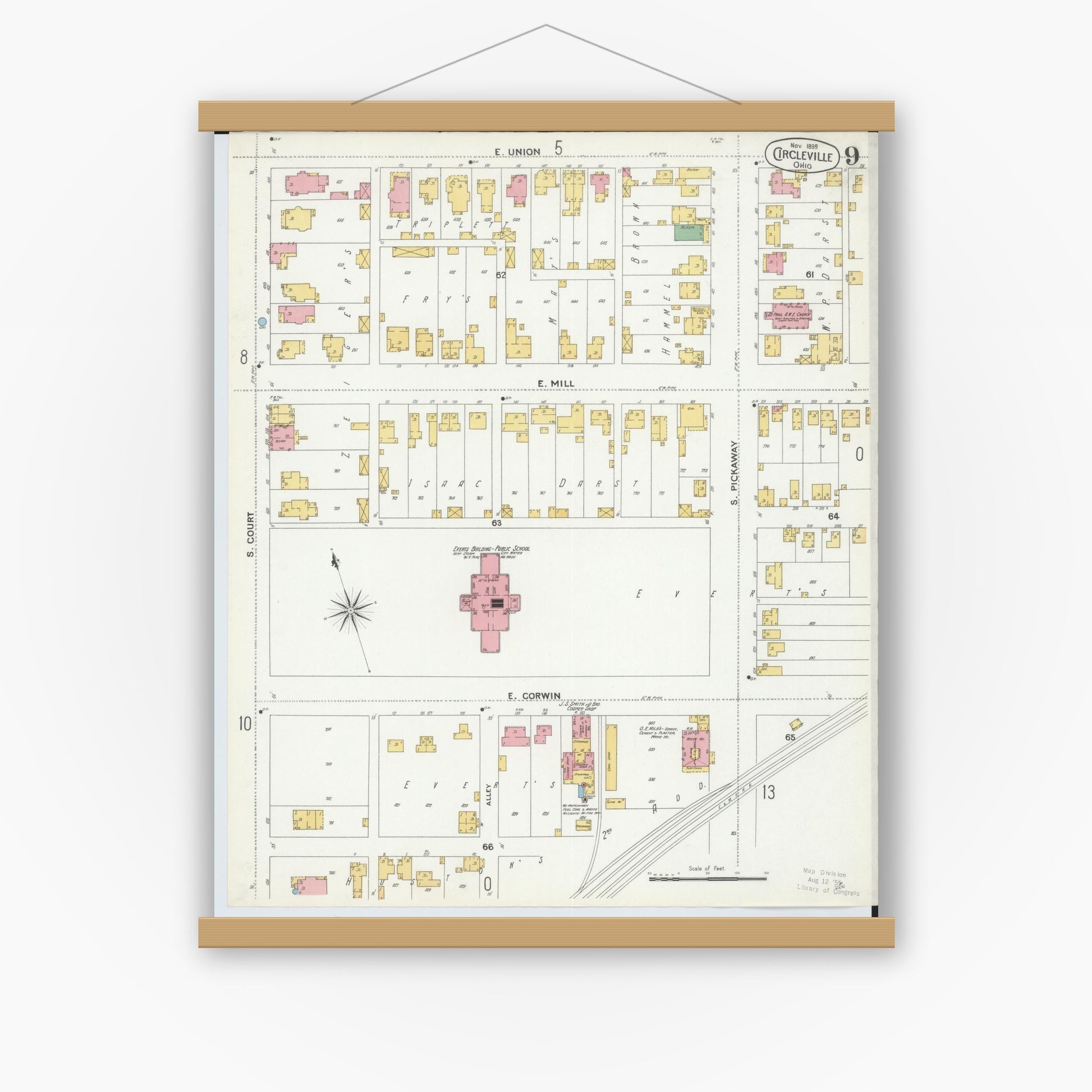 Old map wall art mockup — magnetic wood frame on white wall — Sanborn Fire Insurance Map from Circleville, Pickaway County, Ohio (1899), Sheet #0009