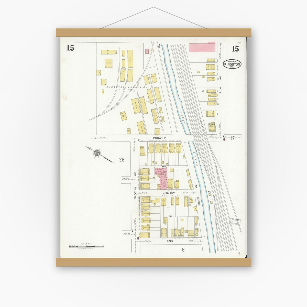 Old map wall art mockup — magnetic wood frame on white wall — Sanborn Fire Insurance Map from Kingston, Luzerne County, Pennsylvania (1925), Sheet #0015