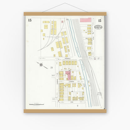 Old map wall art mockup — magnetic wood frame on white wall — Sanborn Fire Insurance Map from Kingston, Luzerne County, Pennsylvania (1925), Sheet #0015