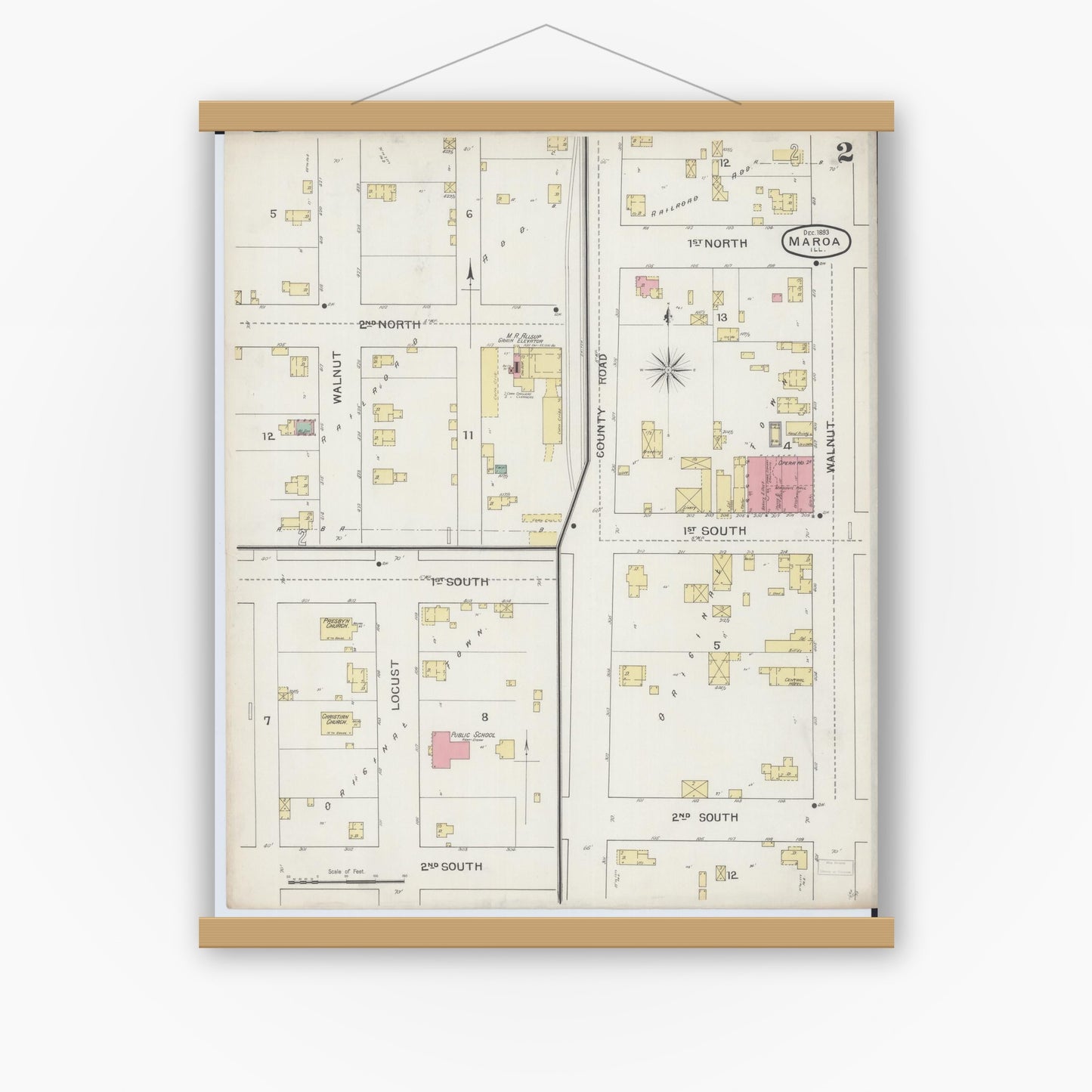 Old map wall art mockup — magnetic wood frame on white wall — Sanborn Fire Insurance Map from Maroa, Macon County, Illinois (1893), Sheet #0002