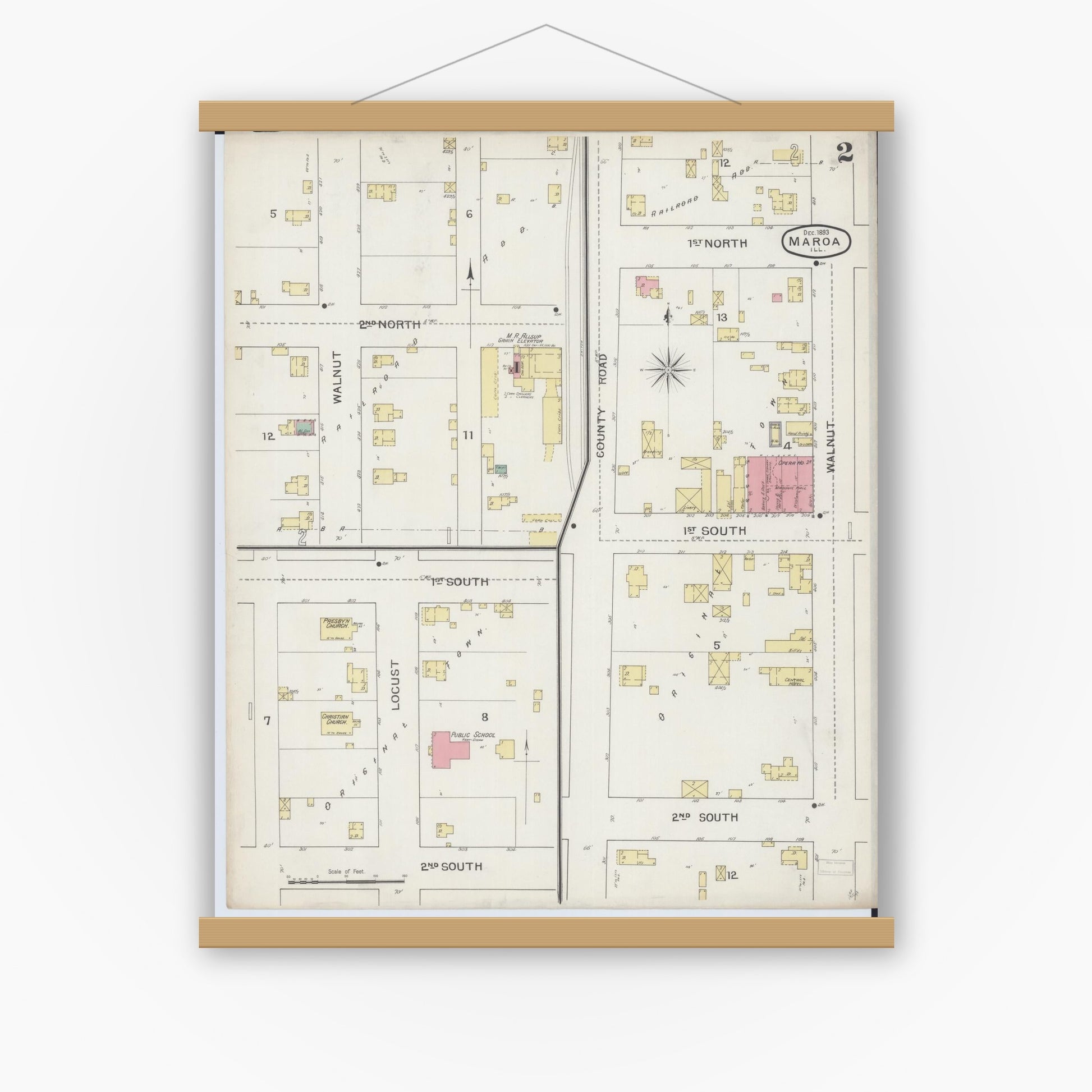 Old map wall art mockup — magnetic wood frame on white wall — Sanborn Fire Insurance Map from Maroa, Macon County, Illinois (1893), Sheet #0002