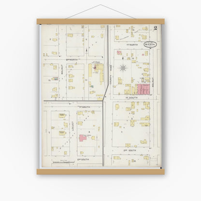 Old map wall art mockup — magnetic wood frame on white wall — Sanborn Fire Insurance Map from Maroa, Macon County, Illinois (1893), Sheet #0002