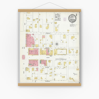 Old map wall art mockup — magnetic wood frame on white wall — Sanborn Fire Insurance Map from Henderson, Rusk County, Texas (1901) - Complete Map Set