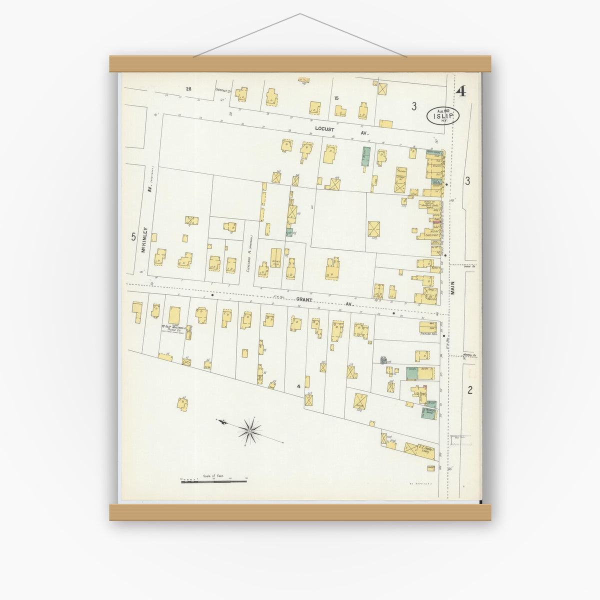 Old map wall art mockup — magnetic wood frame on white wall — Sanborn Fire Insurance Map from Islip, Suffolk County, New York (1902), Sheet #0004