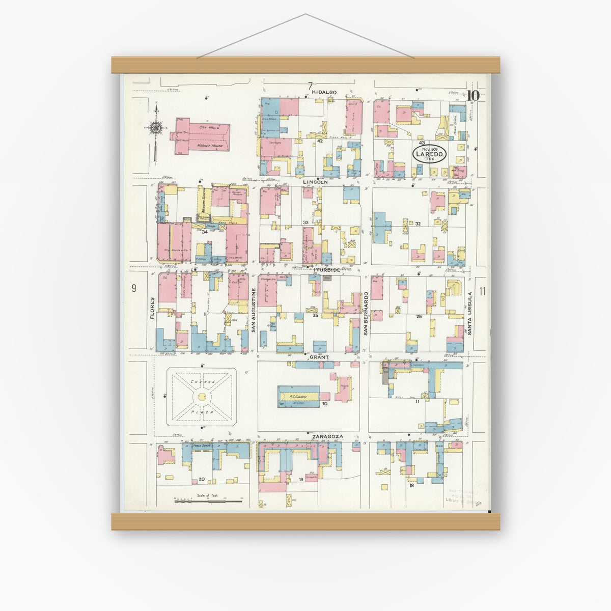 Old map wall art mockup — magnetic wood frame on white wall — Sanborn Fire Insurance Map from Laredo, Webb County, Texas (1909), Sheet #0010